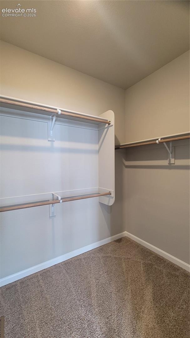 Primary walk-in closet with wood shelving and rods! 