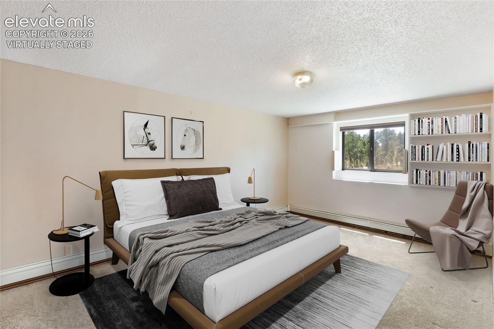 Virtually staged basement bedroom