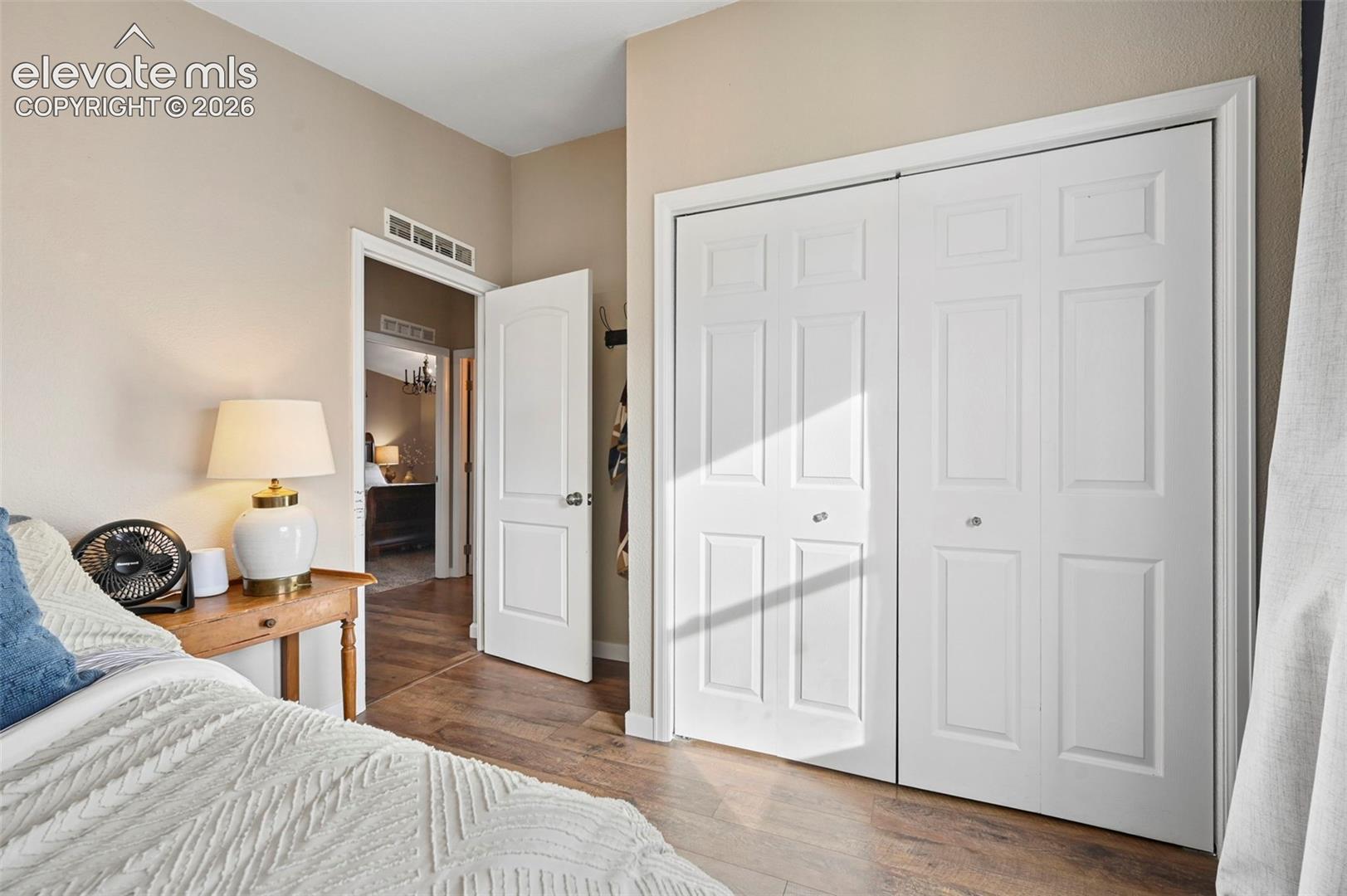 Dual-panel closet with six-panel doors, interior doors featuring arched panels, and wood-finish flooring