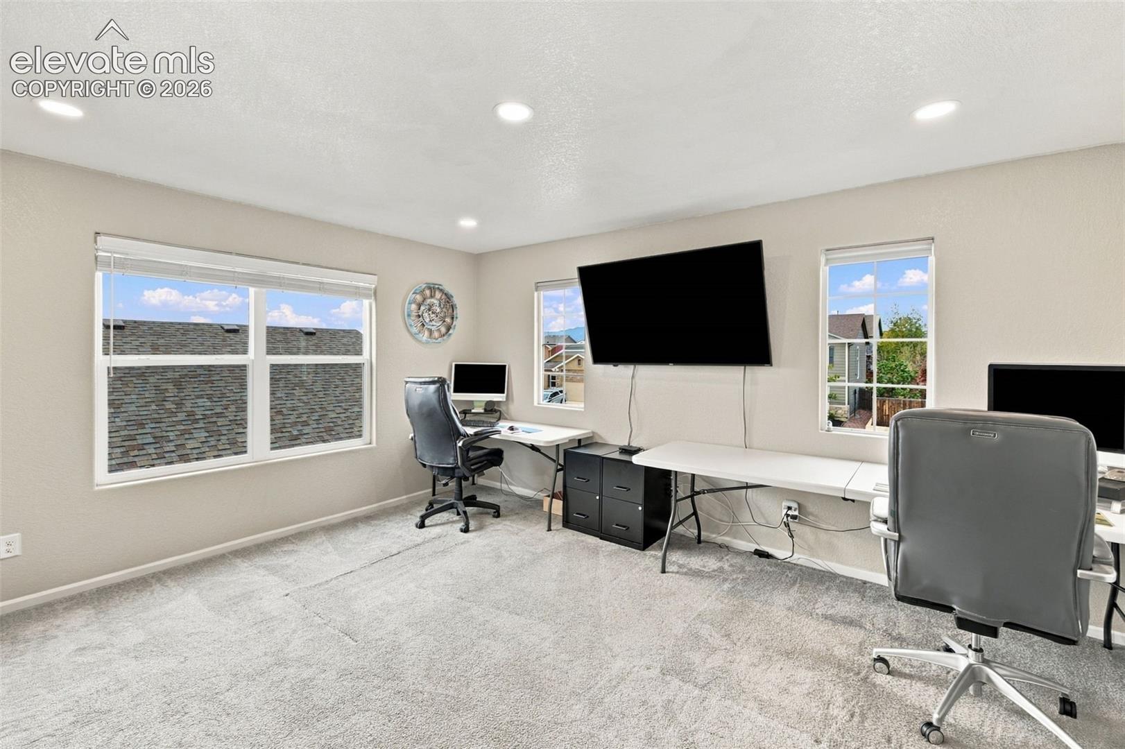 Spacious room featuring neutral carpeting, recessed lighting, and multiple windows with white grid detailing