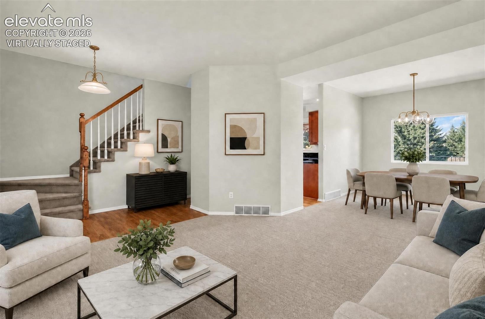 Virtually staged living dining room 