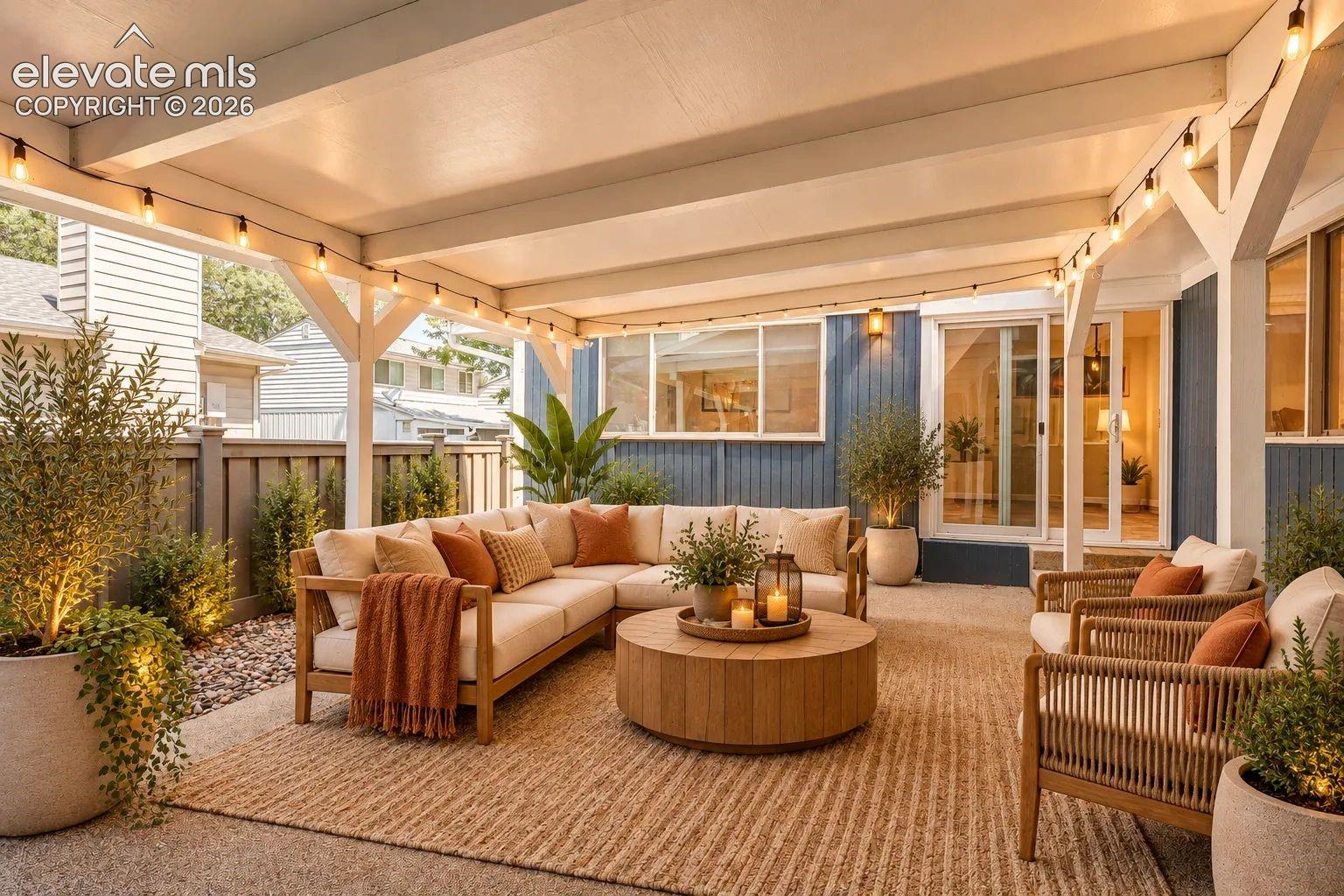 Covered patio featuring a painted wood-frame structure, concrete flooring, exterior-grade string lighting, and vertical siding. AI-Enhanced – furniture/decor digitally added