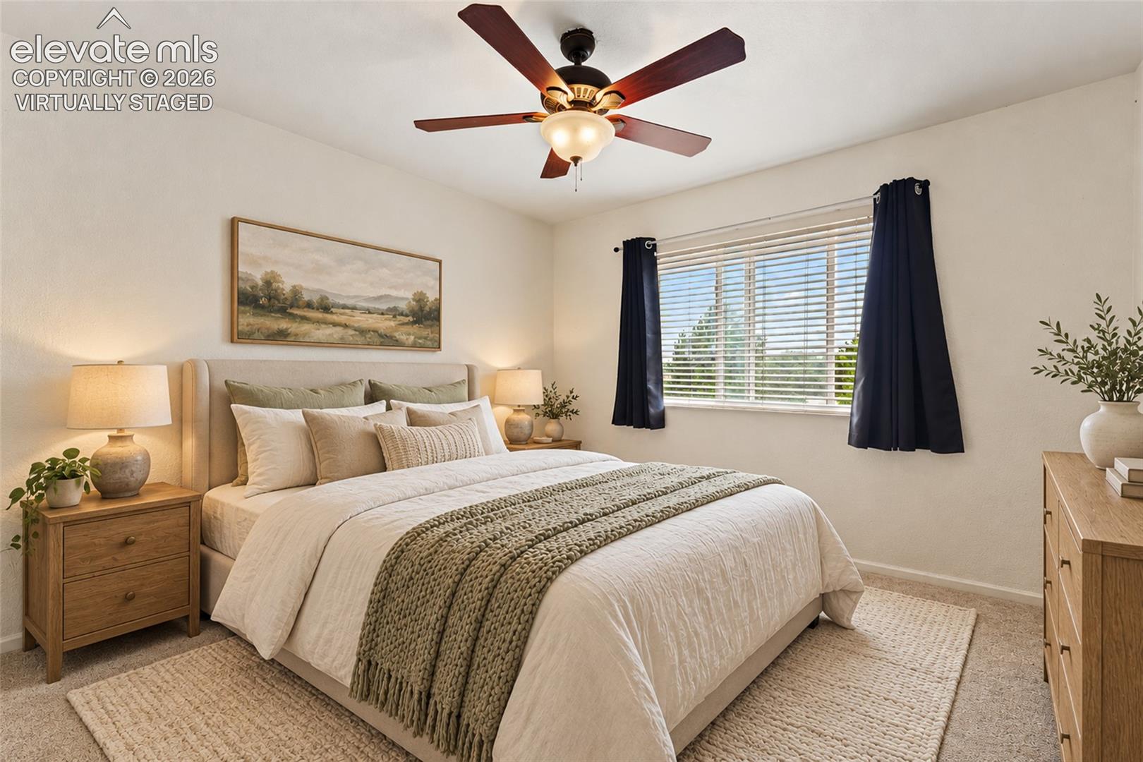 Virtually Staged Neutral wall tones, ceiling fan with integrated light fixture, and horizontal window blinds