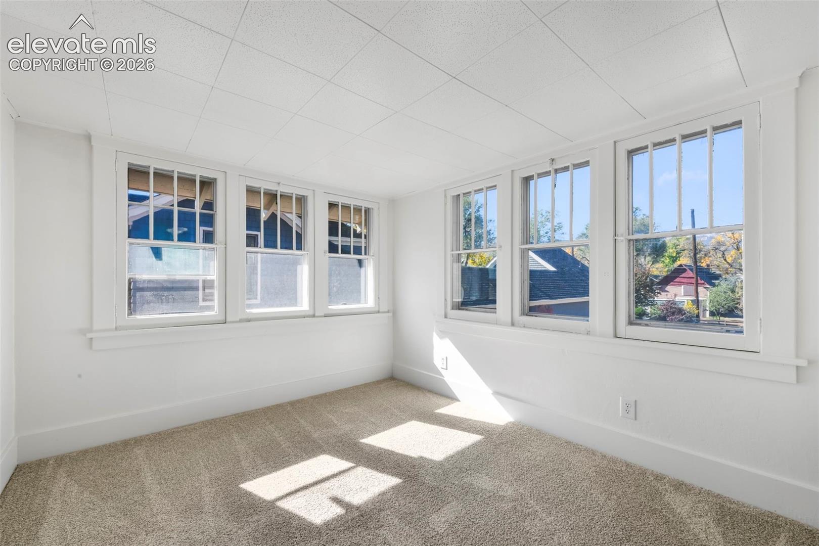 Bright interior space featuring multiple large, multi-pane windows with thick casings, neutral-tone carpeting, and a drop ceiling