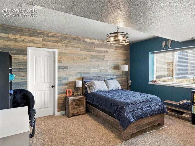 Wood-plank accent wall, overhead drum light fixture, window with blinds, paneled door, and carpeted flooring