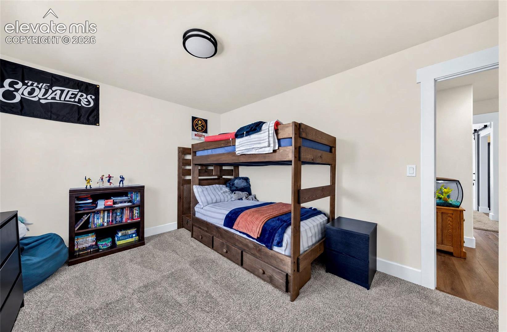 Neutral-toned interior room featuring wall-to-wall carpeting and an attached ceiling-mounted light fixture