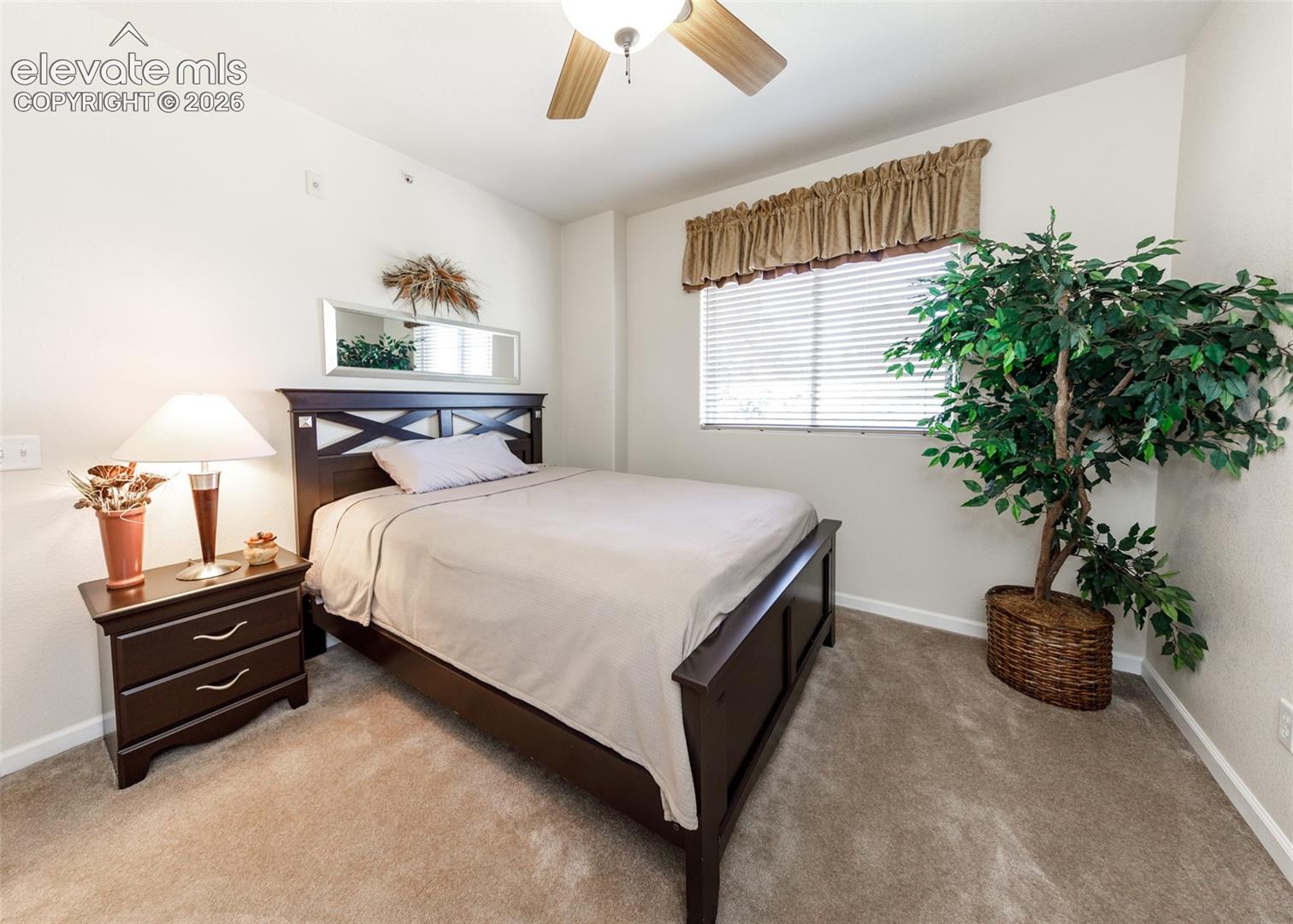 Neutral-toned carpet, ceiling fan with wood-finish blades, and horizontal window blinds