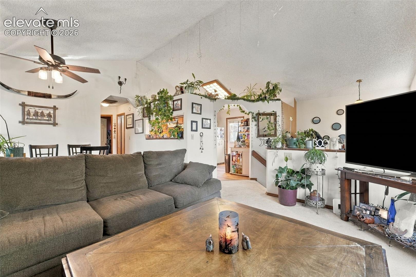 Living area featuring vaulted ceilings, a central ceiling fan with integrated lighting, a structural half-wall partition, and a skylight