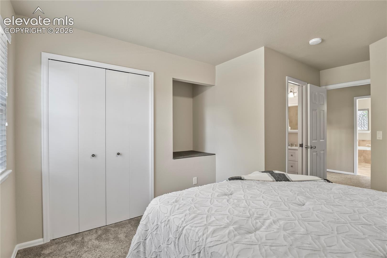 Neutral-toned interior featuring carpeted flooring, a recessed wall niche, and double-door closet cabinetry