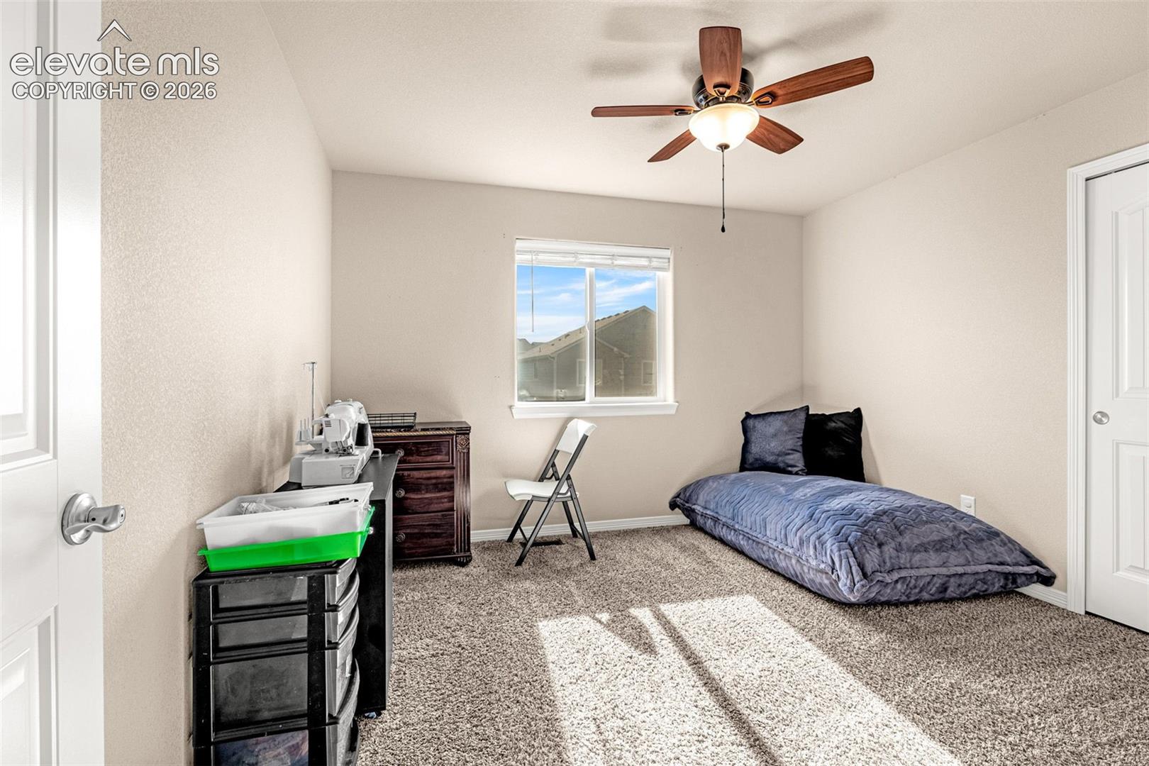 Neutral wall paint, textured carpeting, a ceiling fan with light fixture, and a white-framed window