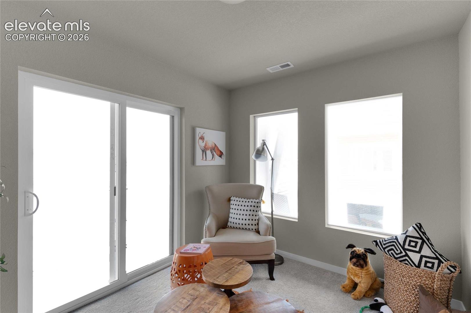 Sliding glass door with white frame, two rectangular windows, light gray walls, and light-toned carpeting
*photos of a model home*