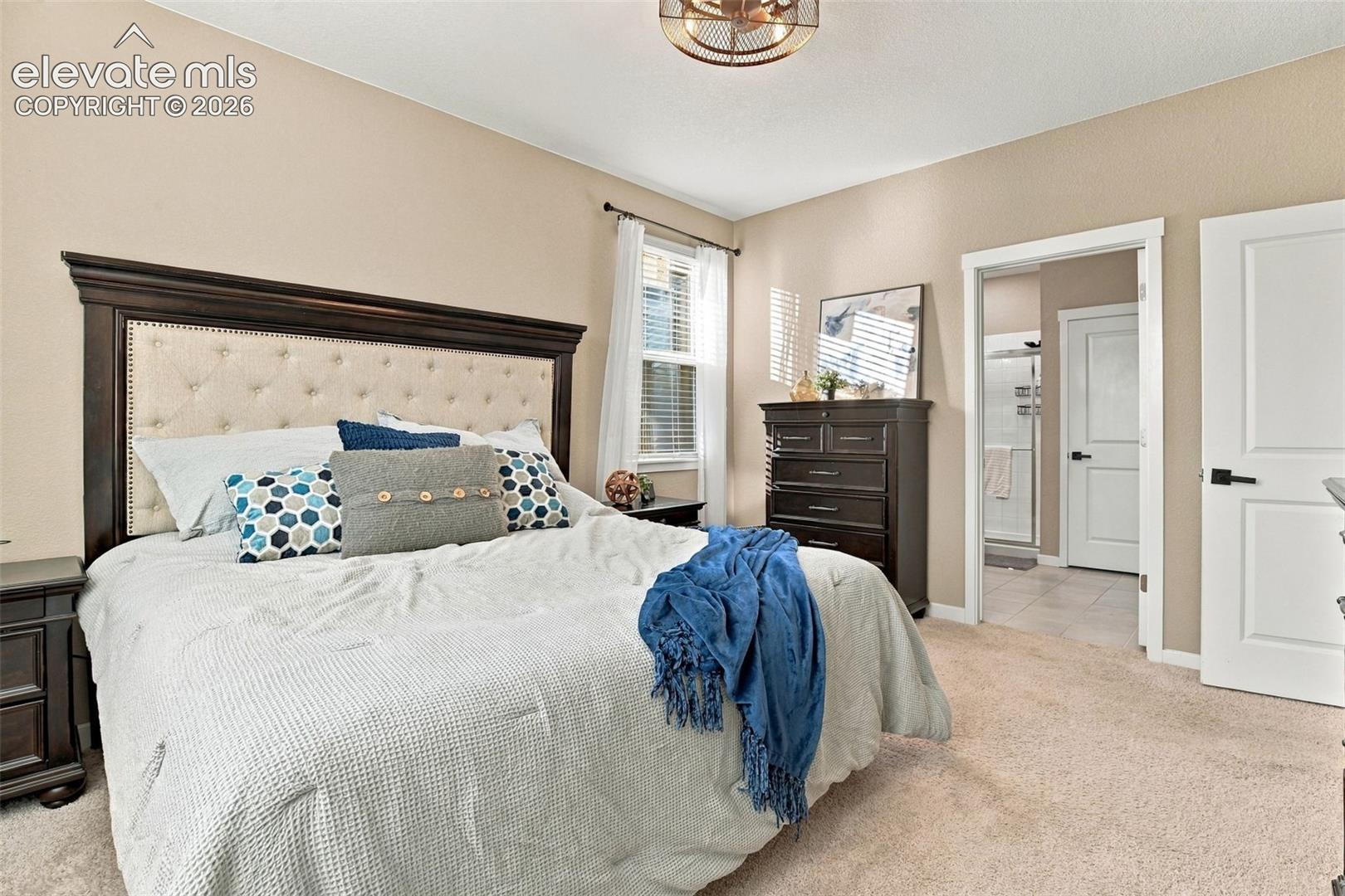Neutral-toned room with plush wall-to-wall carpeting, window with slatted blinds, and a circular drum ceiling light fixture with an industrial-style cage finish