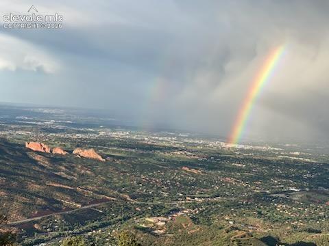 View of garden of the gods with a common rainbow sighting!