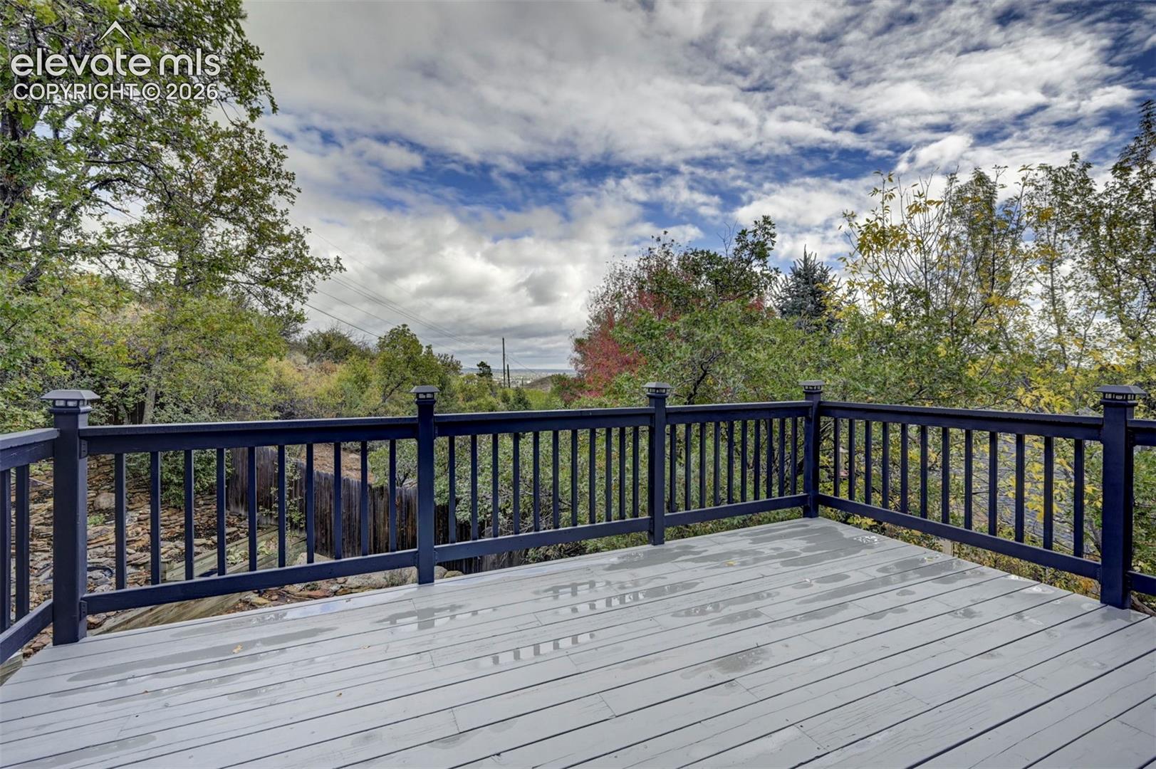 Elevated deck featuring gray-tone decking, dark-painted balustrades, and surrounding mature trees