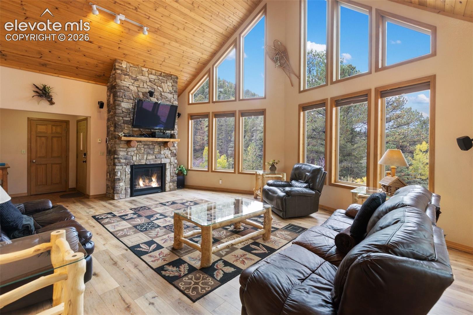 Vaulted wood-paneled ceilings, stone-clad fireplace with mantel, expansive window array, and wood-finish flooring