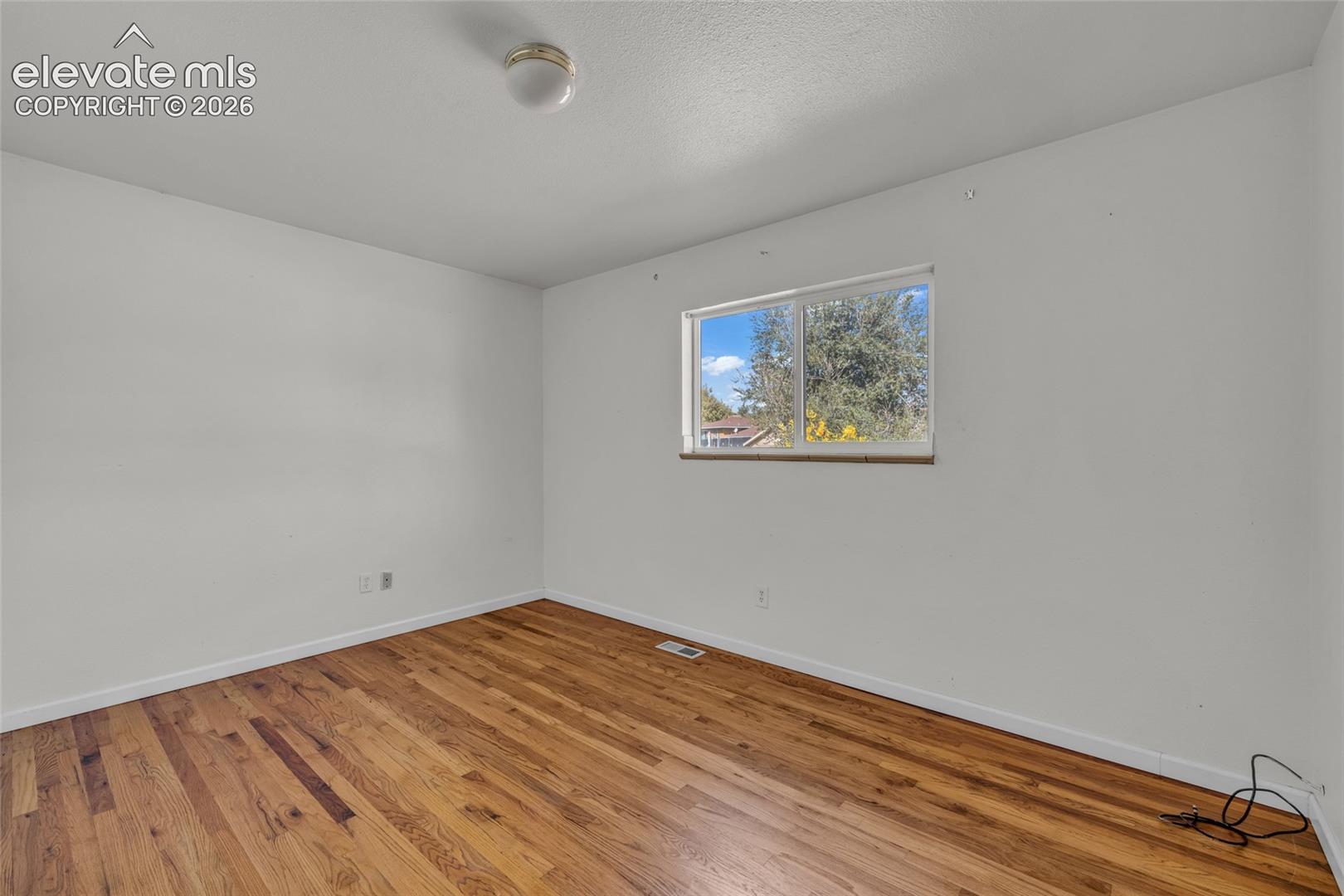 Wood-finish flooring, white walls, and a ceiling-mounted light fixture