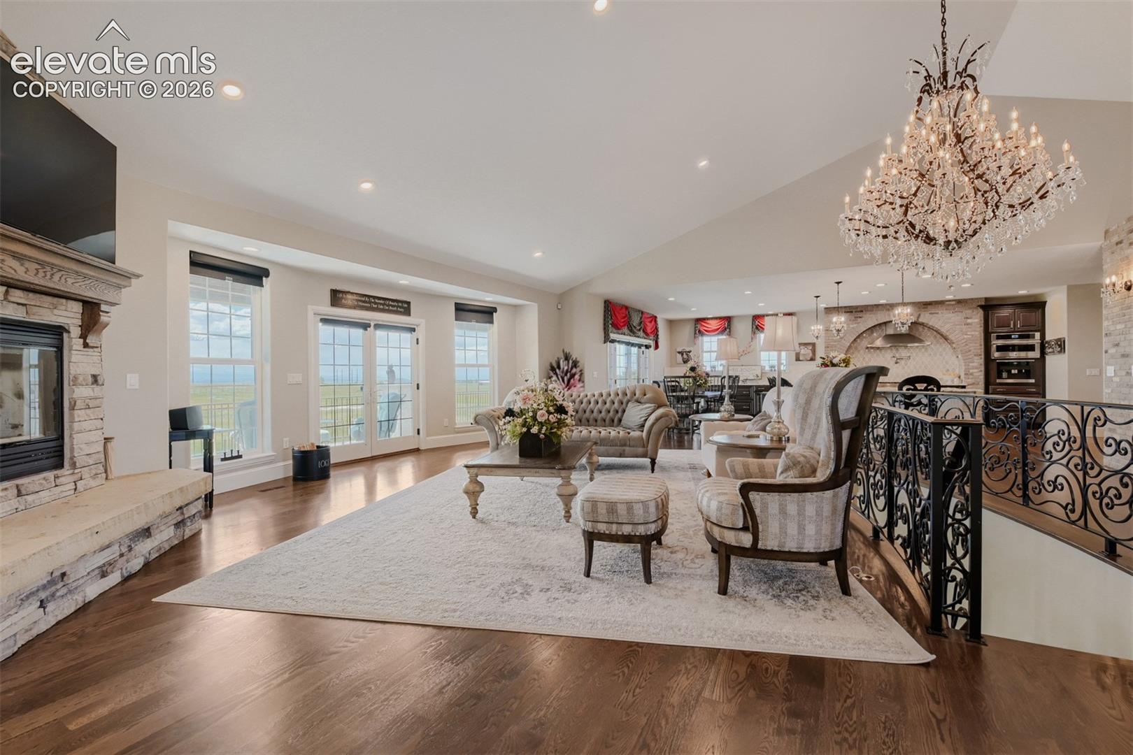 Overlooks the land with exquisite fireplace