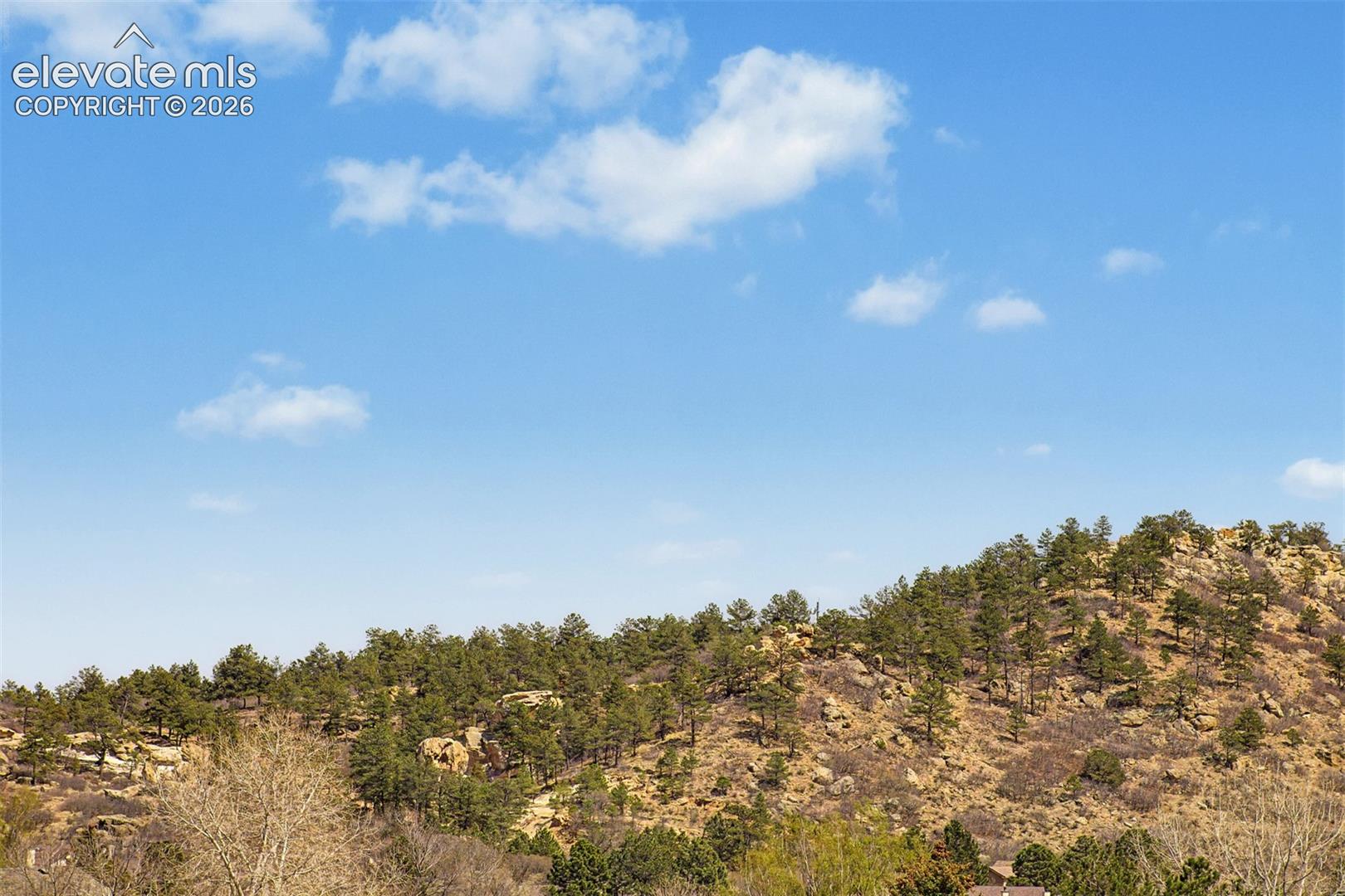 
From the front entry, your eye travels across the quiet cul-de-sac street to golden open meadows and a tree-crowned hilltop beyond — a view that reminds you this home sits at the edge of both community and Colorado wilderness.