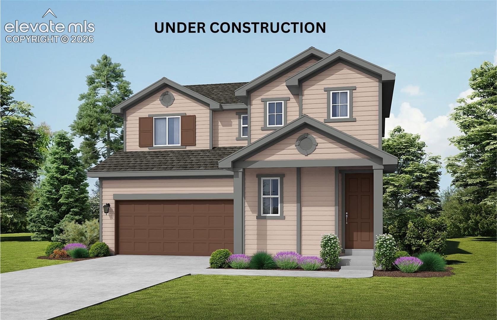 Two-story residence featuring horizontal lap siding, a pitched roofline with gables, decorative circular accent windows, and an attached two-car garage