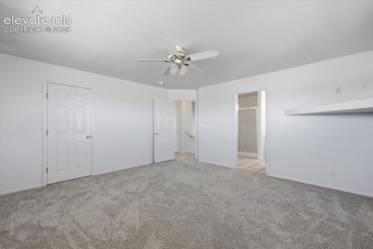 Expansive room featuring plush carpeting, a ceiling fan with integrated lighting, multiple paneled doors, and a built-in wall shelf