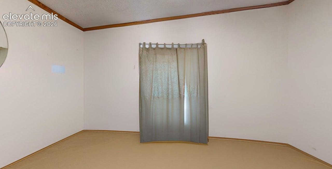 Spare room featuring ornamental molding and a textured ceiling