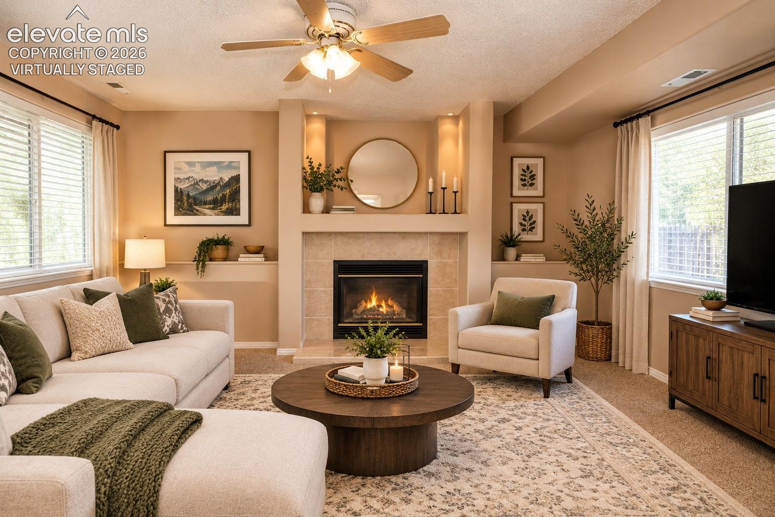 Virtually Staged Fireplace with tile surround, integrated shelving alcoves, carpeted flooring, and a ceiling fan