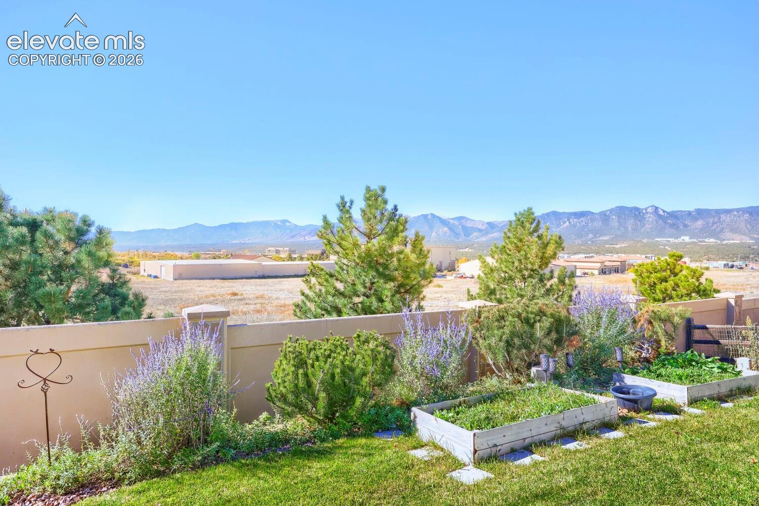 Backyard space featuring a solid privacy fence, raised wooden garden beds, mature evergreen trees, and a mountain range backdrop
