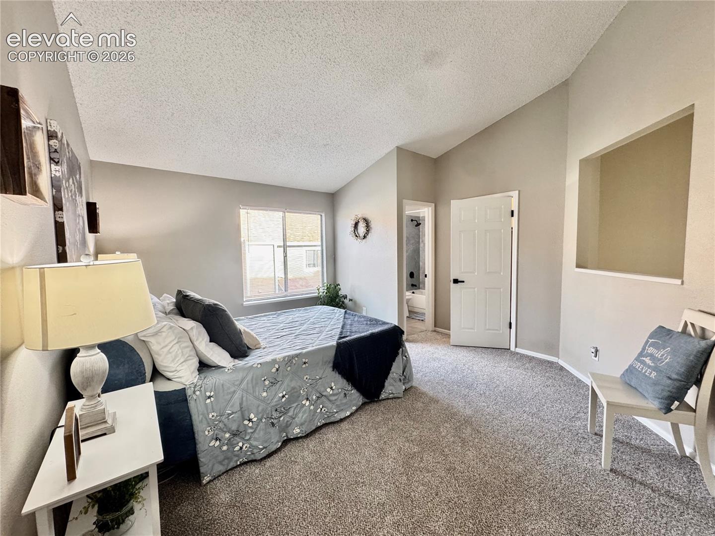 Vaulted ceilings, neutral wall tones, wall-to-wall carpeting, window with natural light, and a recessed wall niche