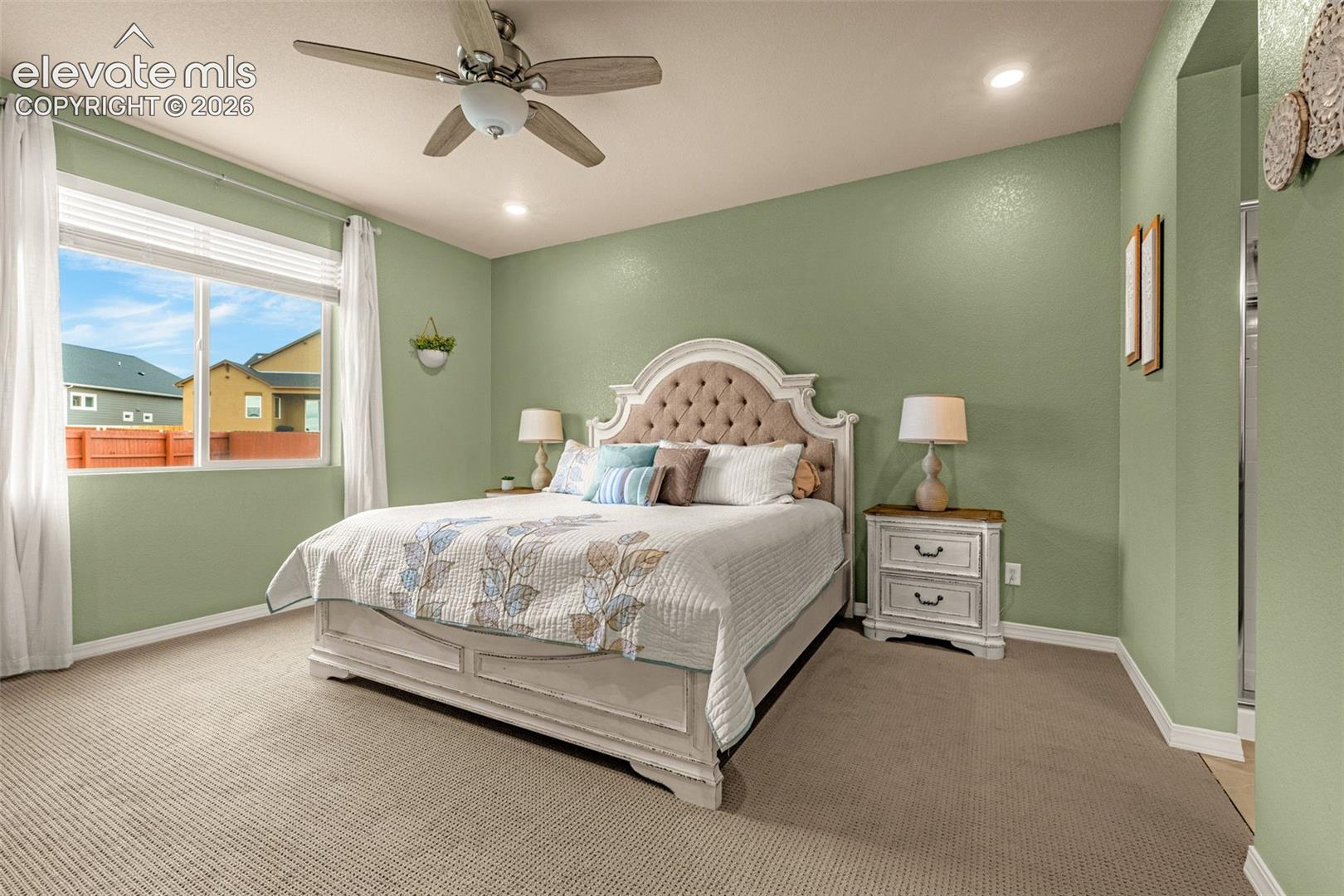 Ceiling fan with integrated lighting, recessed lighting, and wall-to-wall carpeting