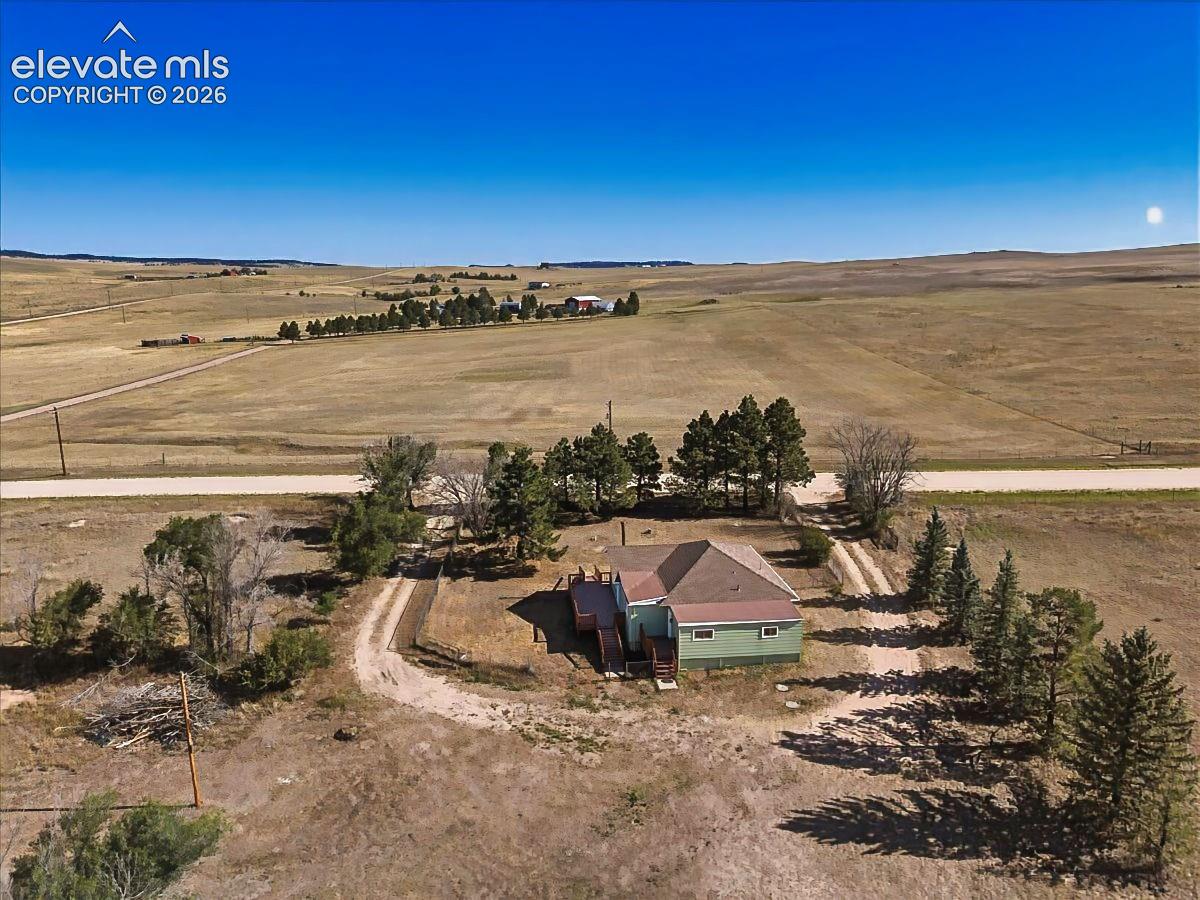 Aerial View – Elevated aerial perspective highlights the home's tree-lined setting, circular driveway, and expansive surrounding landscape.