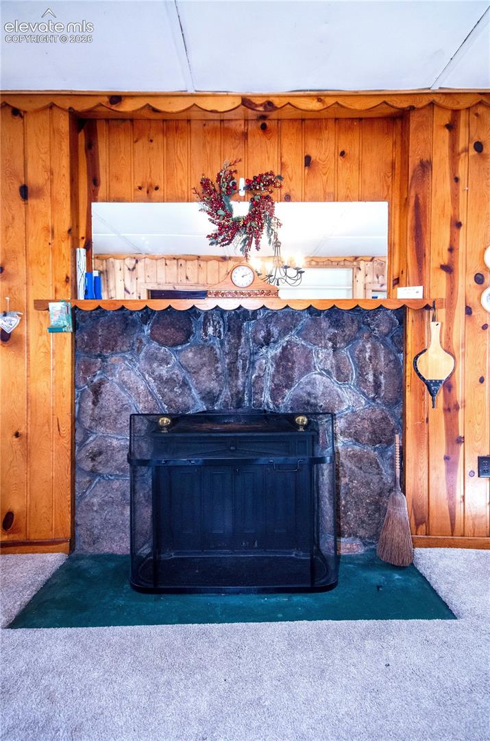 Stone woodburning fireplace