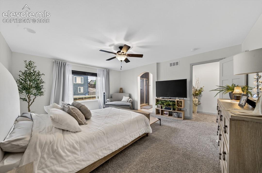 New carpet, Oversized room, ceiling fan, adjoining bath, oversized walk-in closet