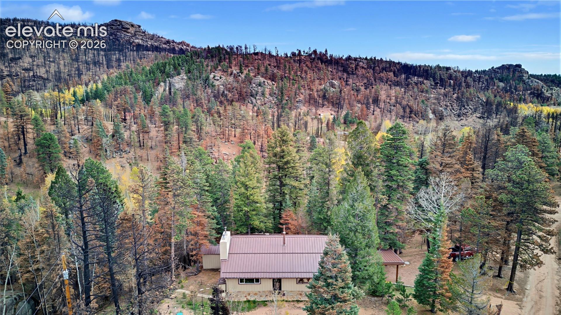 Single-story residence featuring a metal roof, exterior chimney, and covered porch, situated within a forested landscape with prominent mountain backdrop