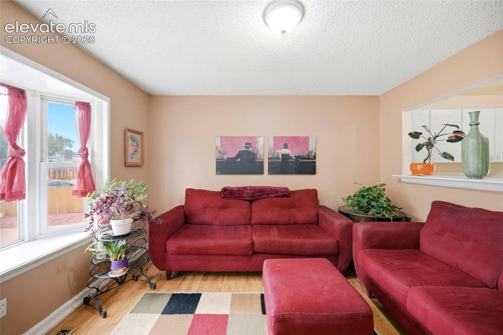 Big front Picture window with seat that floods this room with sunshine! Open to the kitchen. 