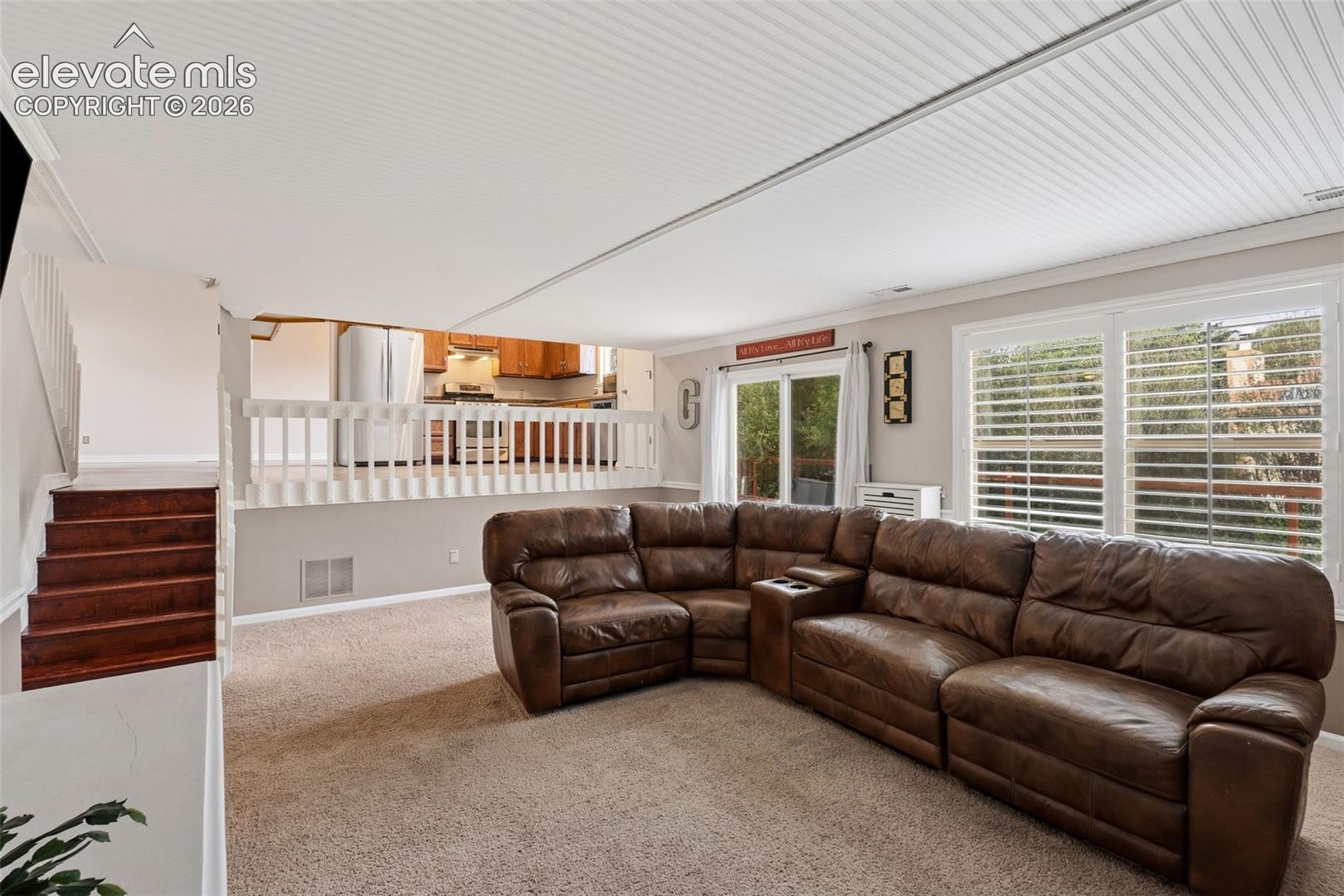 Carpeted living area with a white beadboard ceiling, white window shutters, and a sliding glass door