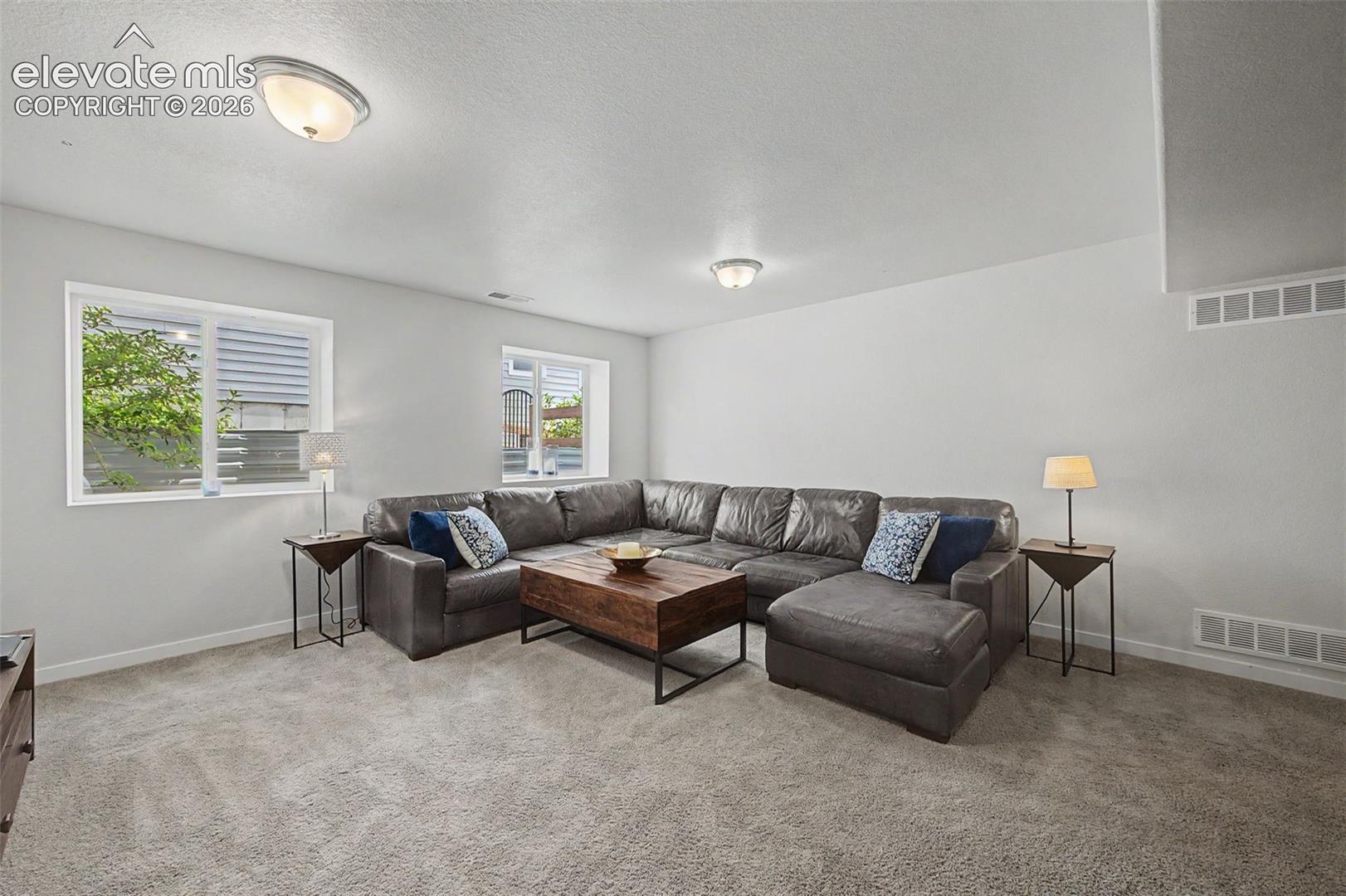 The garden level basement family room is open and bright.