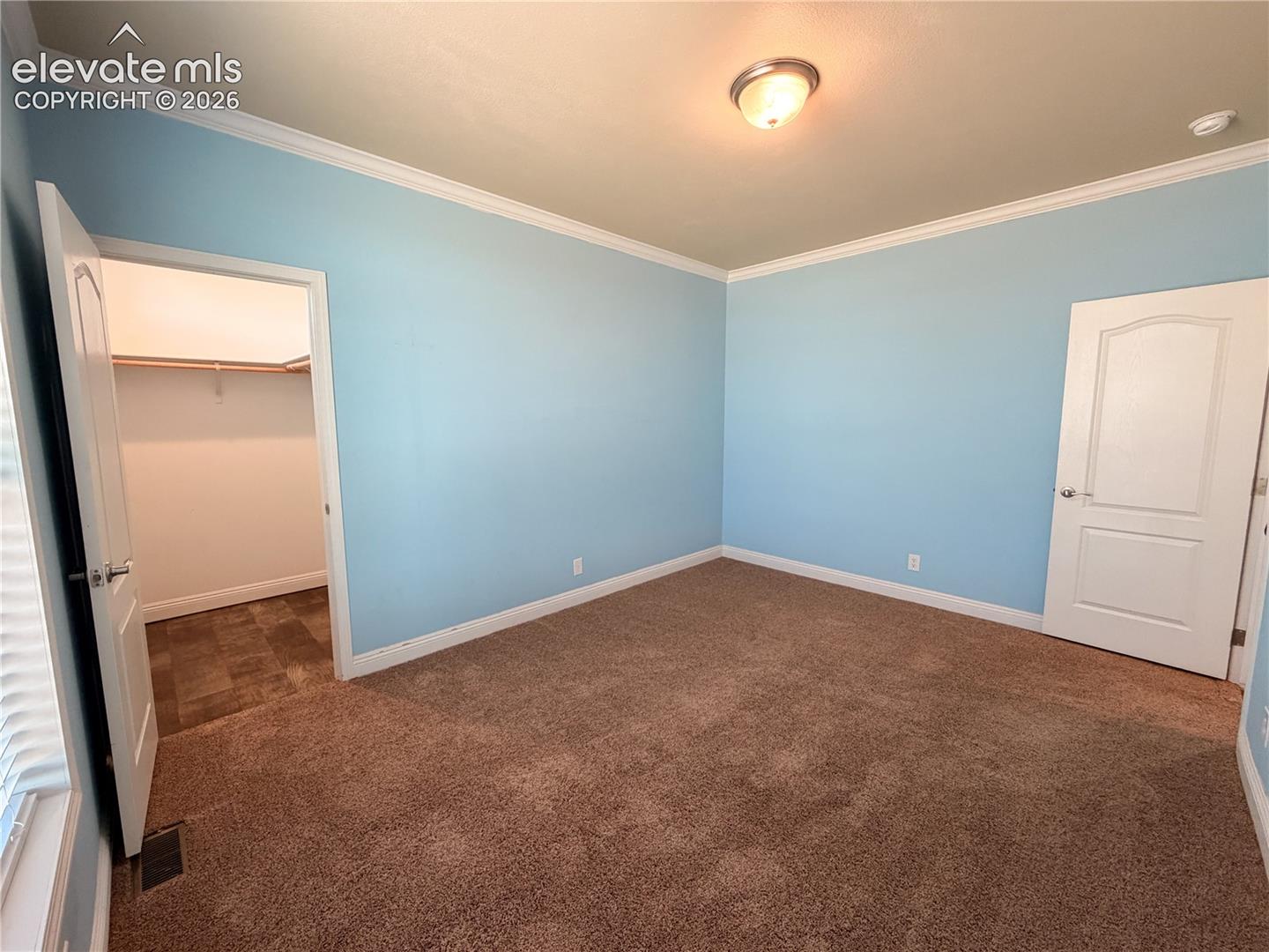 Interior room featuring neutral carpeting, crown molding, a flush-mount light fixture, and an entry to a walk-in closet