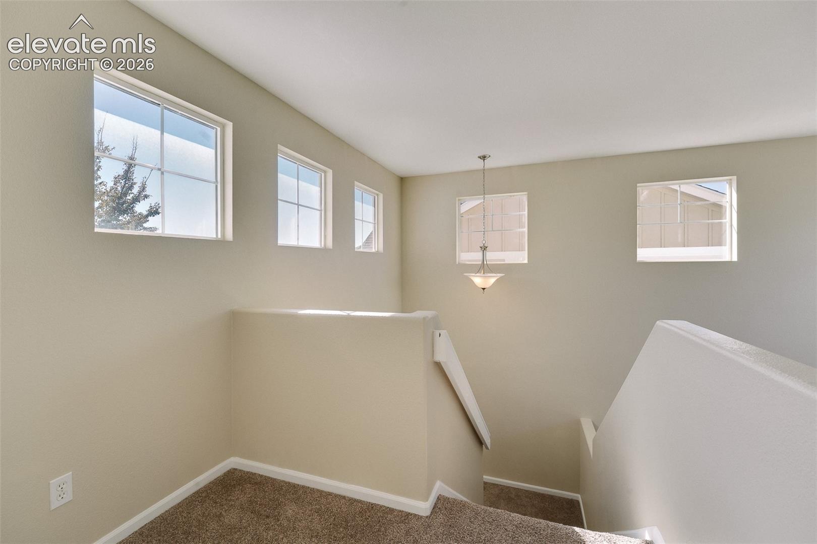 Neutral interior space featuring high ceilings, five multi-pane windows, wall-to-wall carpeting, and a tiered hanging pendant light fixture