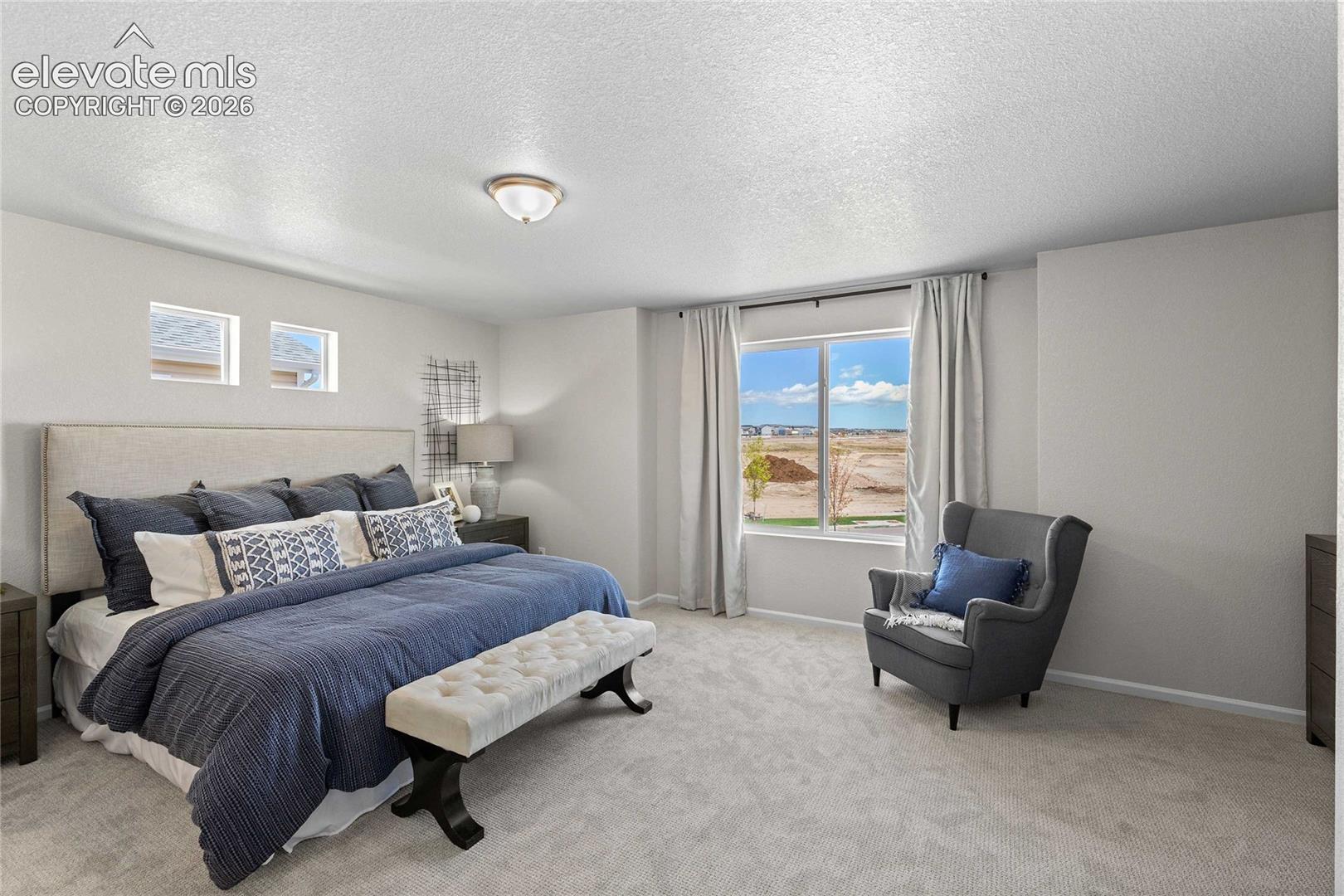 Neutral-toned carpeting, large window with natural light, flush-mount ceiling lighting, and dual accent windows
*photos of a model home*