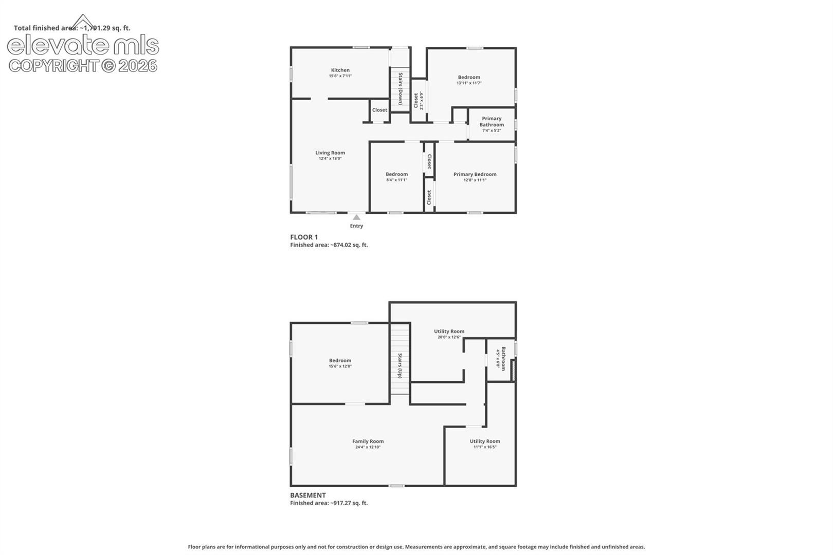 Floor plan. Floor plans are for informational purposes only. Dimensions & measurements are approximate. Not intended for construction or design use.