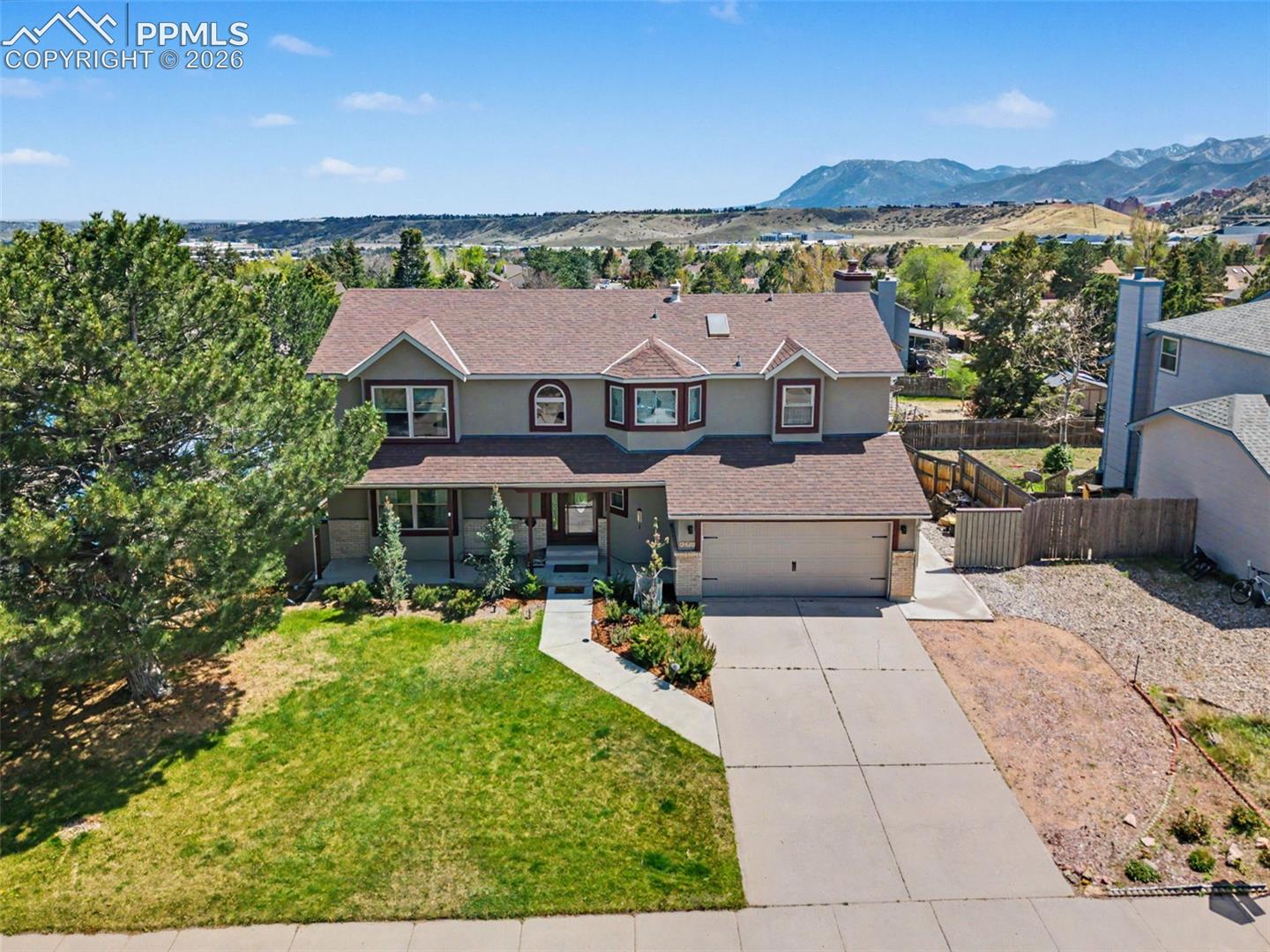 Aerial view of the front of the home.