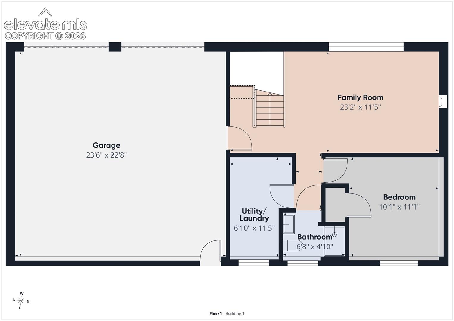 Lower level floor plan featuring a spacious family room, fourth bedroom, full bathroom, dedicated laundry/utility room, and an oversized attached two-car garage, providing flexible living space and abundant storage.