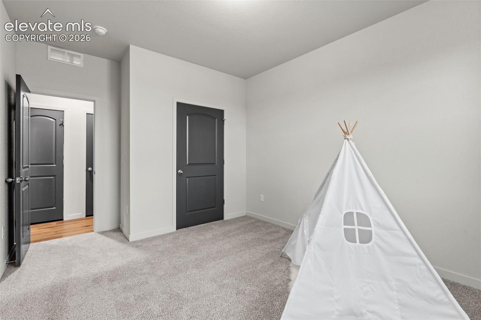 Neutral-toned room with plush carpeting, smooth wall finish, and solid-core interior doors with metallic lever handles
