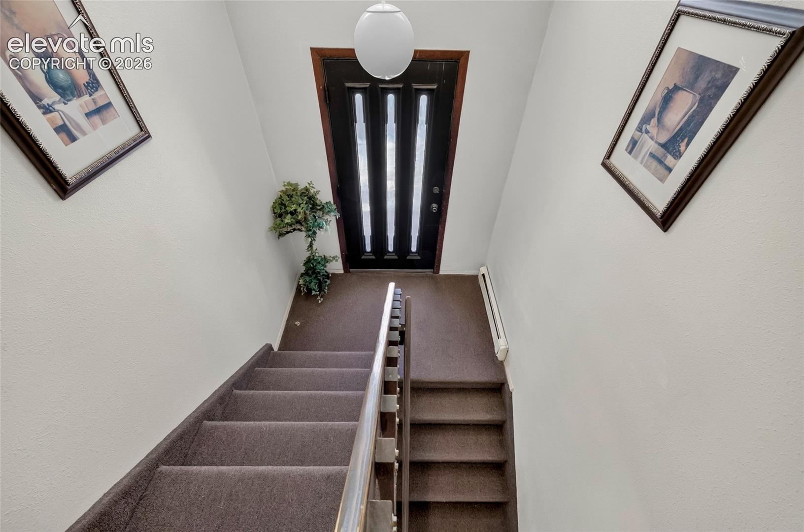 Entryway featuring a dark-finish door with triple vertical glass inserts, carpeted staircase, metal handrail, and globe pendant light fixture