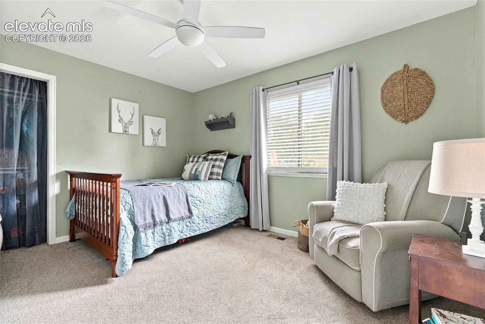 Carpeted room with a ceiling fan, window with blinds and curtains, and light green painted walls