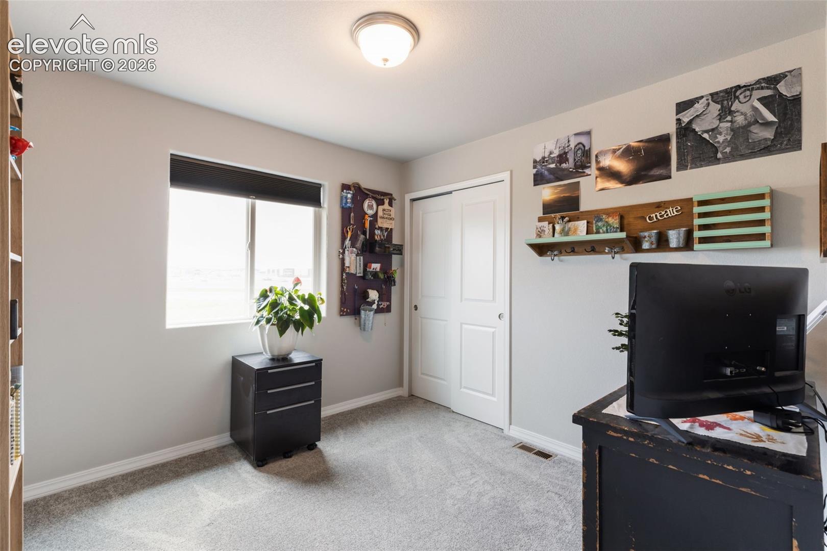 Room featuring light gray wall paint, a window with a black roller shade, light gray carpet flooring, white baseboards, and a white ceiling with a flush-mount light fixture