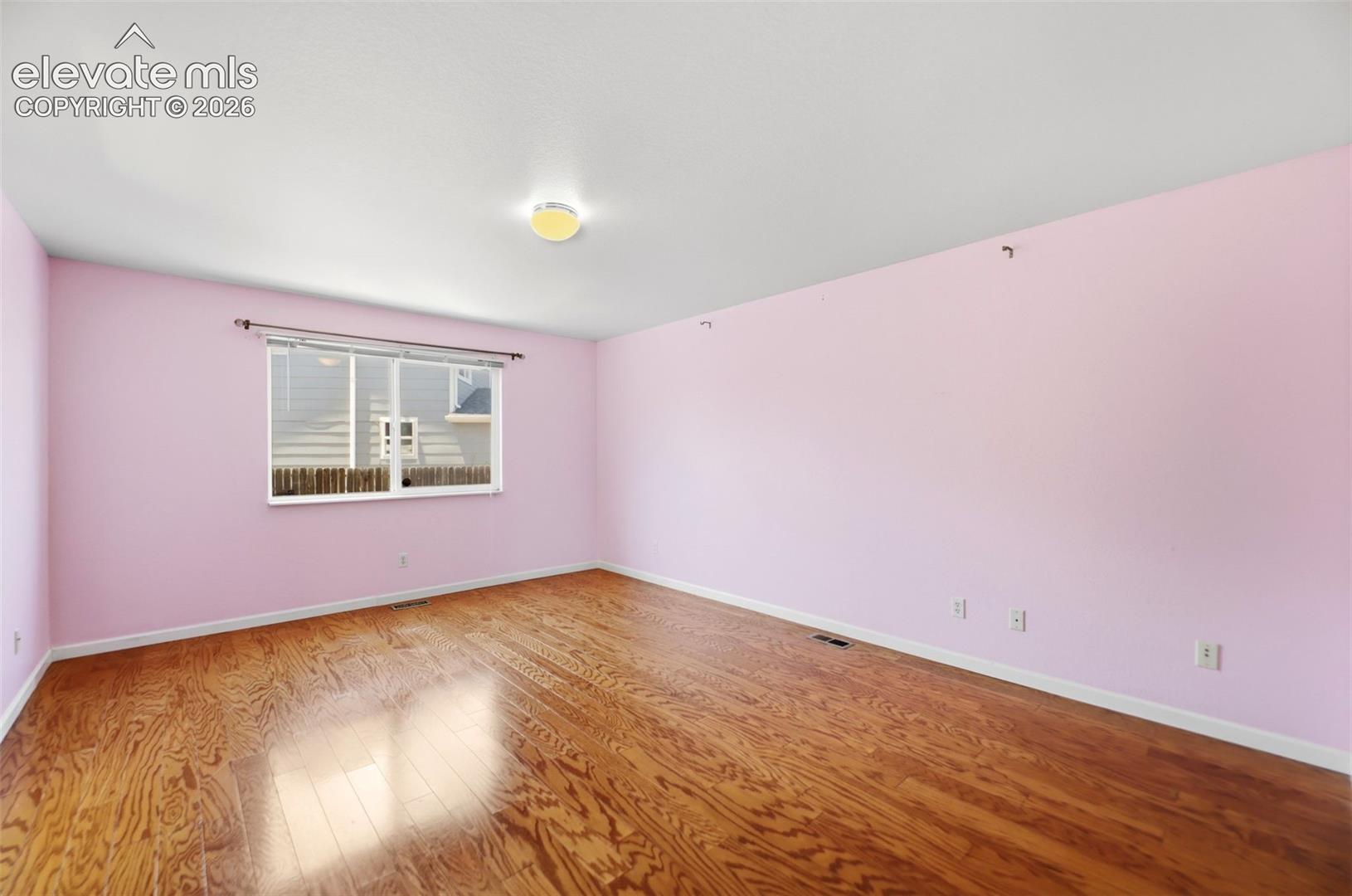Spacious room featuring wood-finish flooring, a bright window, and a ceiling-mounted light fixture
