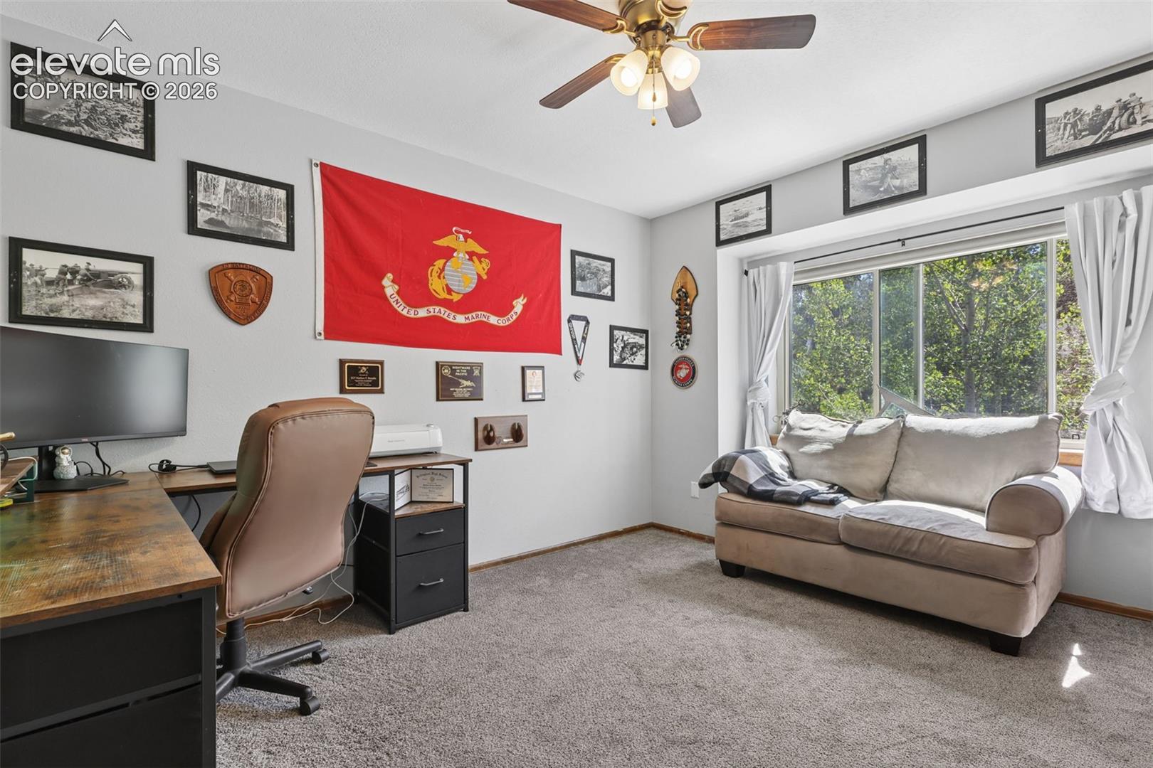 Room featuring a ceiling fan, carpet flooring, and a window with white curtains