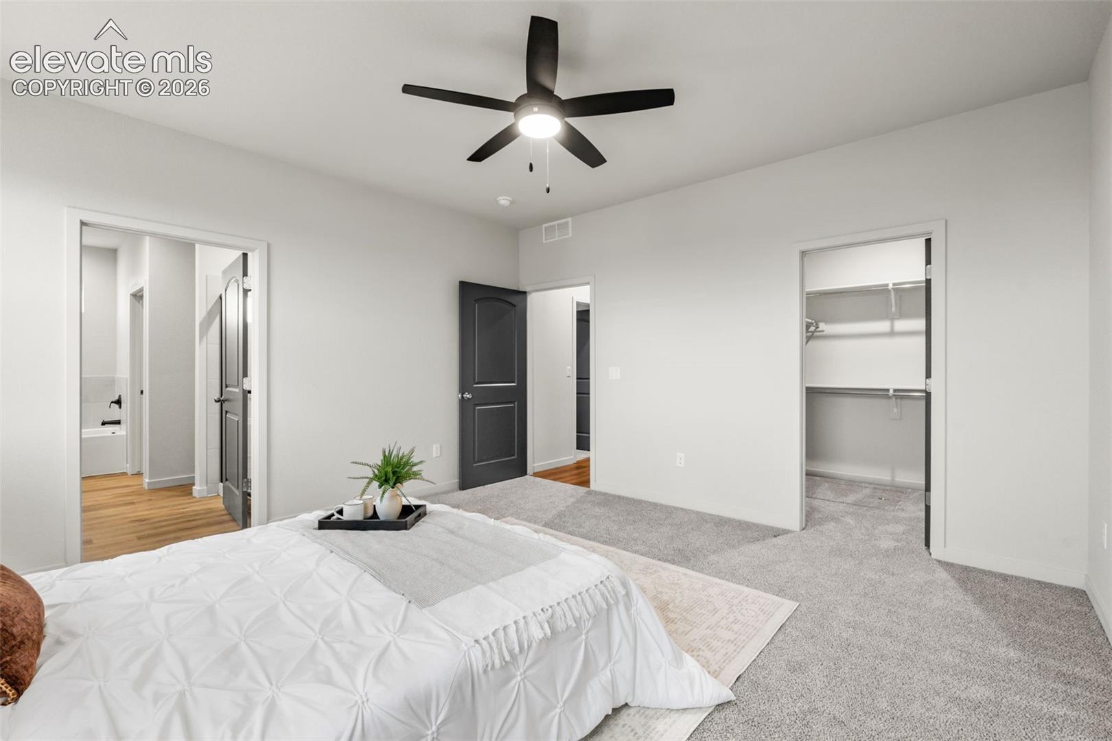 Neutral-toned room featuring plush carpeting, a multi-blade ceiling fan with integrated lighting, solid-core doors with matte black hardware, and a walk-in closet with built-in shelving