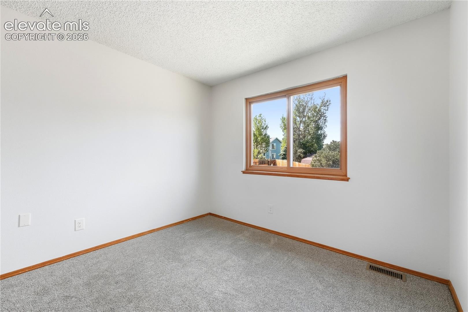 Wall-to-wall carpeting in a neutral tone, white painted walls, and faux wood vinyl window frame